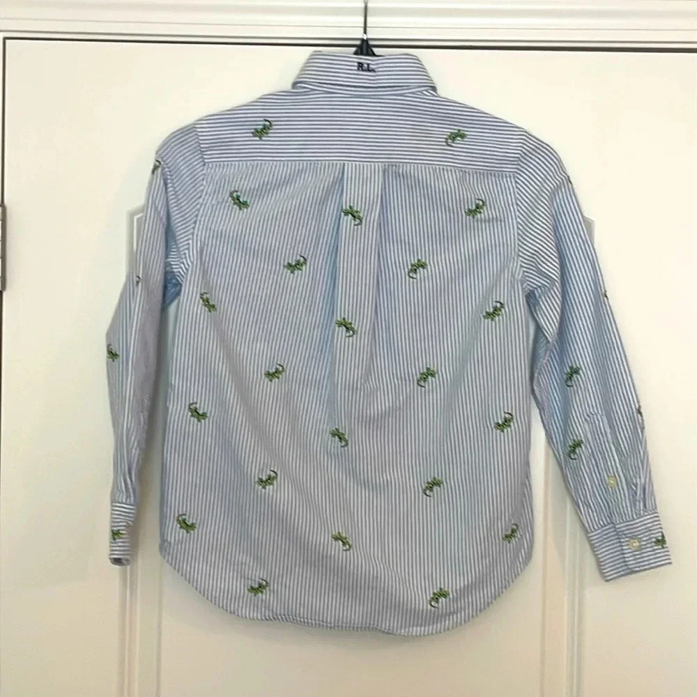 Ralph Lauren Boys Blue White Striped Button-Down Shirt with Green Embroidery - Picture 2 of 7